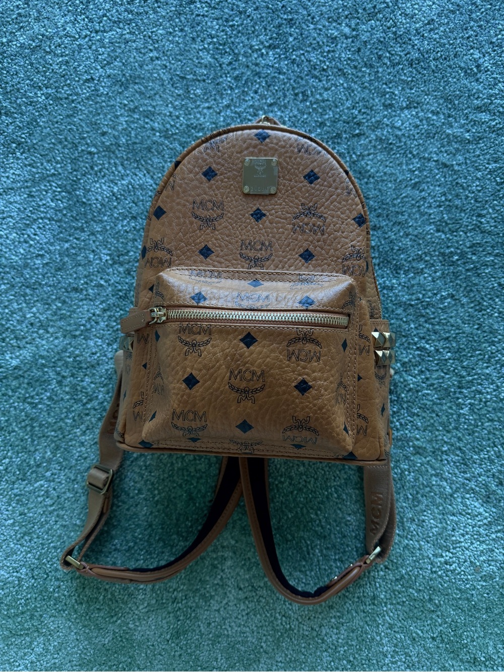 MCM Tan Visetos Logo Mini Backpack with Gold Hardware
